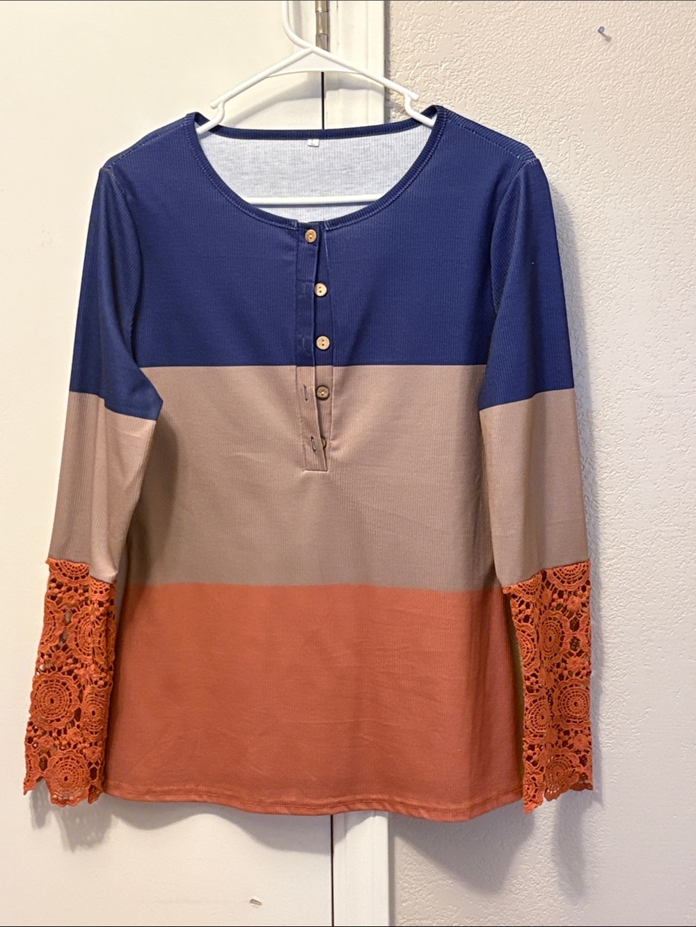Colorblock Lace-Cuff Henley Long Sleeve Top - Navy, Beige & Rust